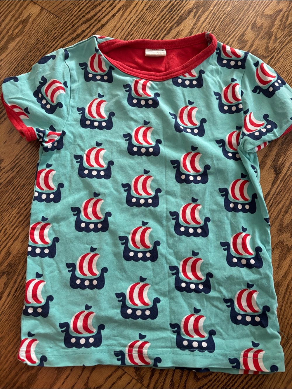 Children's Short Sleeve Viking Ship Tee - Aqua with Red & Navy